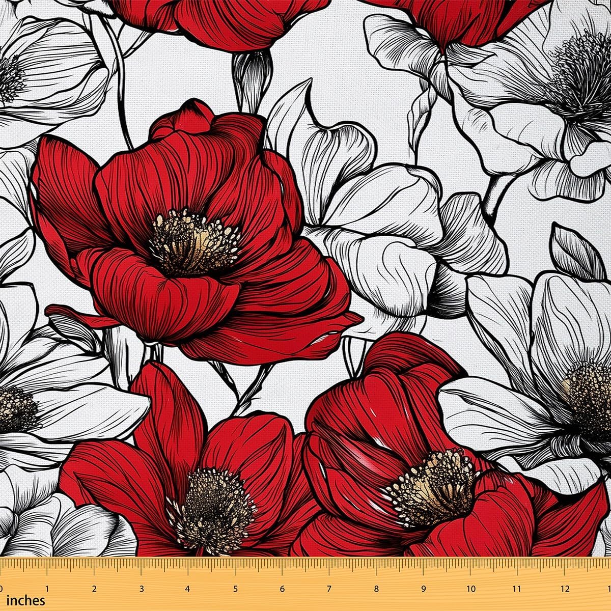 Red Poppy Fabric by The Yard Abstract Sketch Wild Flowers Decor Fabric for Sewing Lovers Outoor Retro Floral Rustic Style Fabric for DIY Upholstery and Home Accents 3 Yards,108" L x 59" W