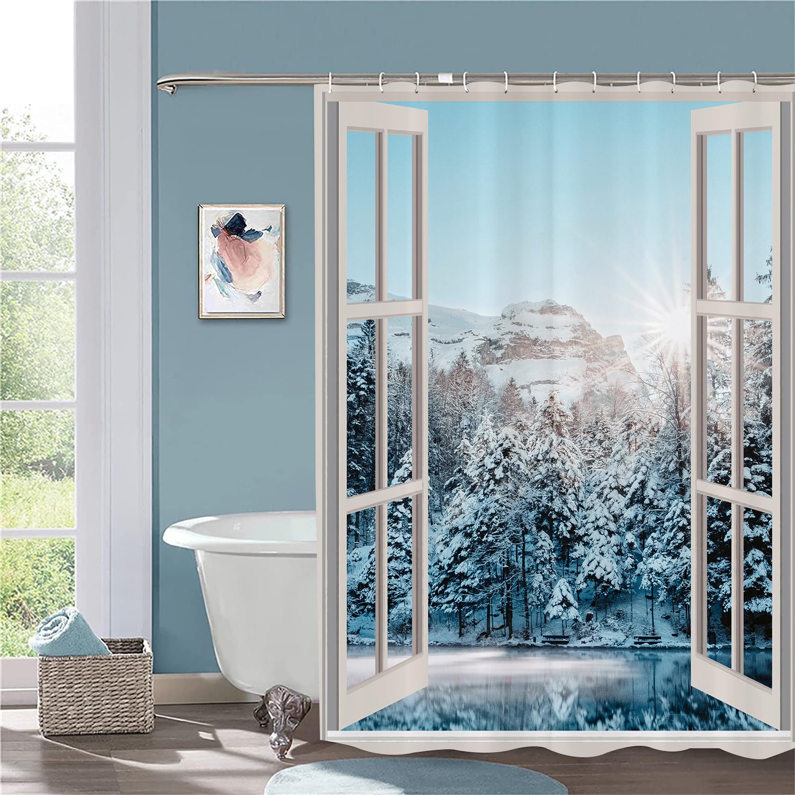 JOOCAR White Nature Shower Curtain Snow Mountain Ice Lake Secnery Shower Curtains Bathroom Decor Polyester Fabric Waterproof Shower Curtain Set including 12 Hooks - Image 2