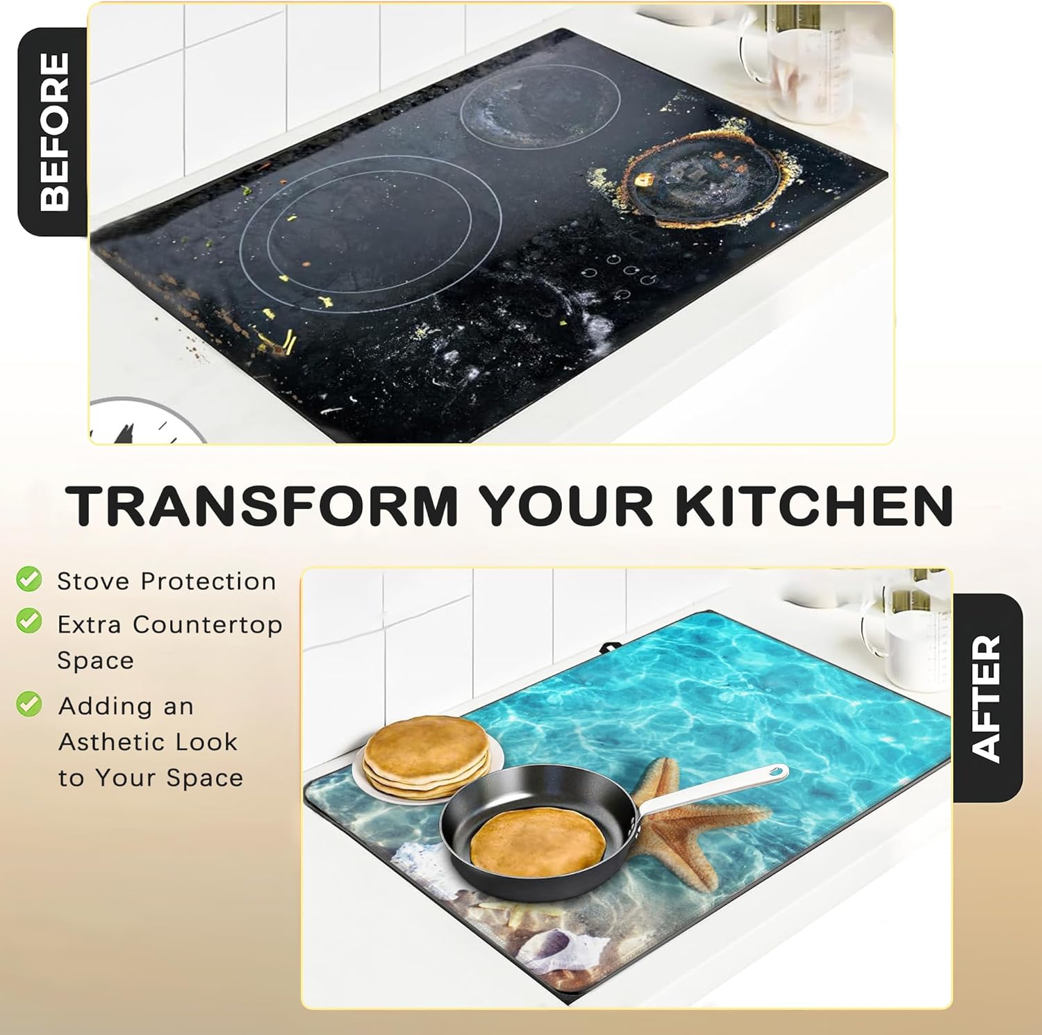 Stove Top Cover for Electric Stove，Christmas Kitchen Decor Starfish Seashell on Beach Extra Thick Natural Rubber Glass Top Protector, Prevents Scratching, Expands Usable Space 28.5'' x 20.5''