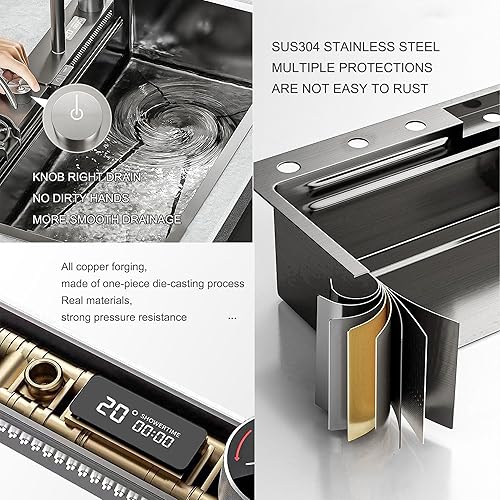 Miniatura 6 de Fregadero de cocina de cascada negra con grifo combinado de lavabo de cristal, función de pantalla digital, botón de piano, lavabo de estación de