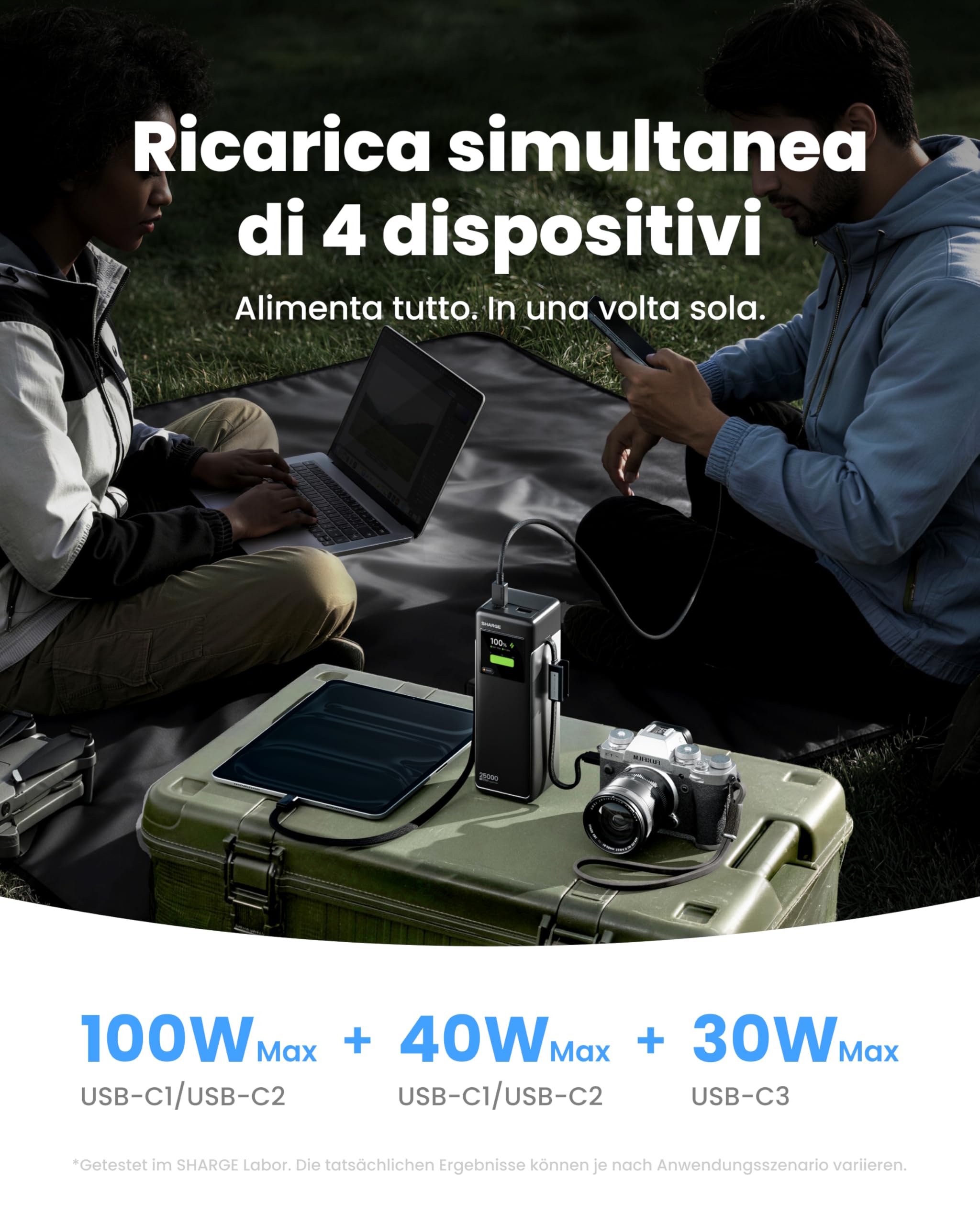 sharge Power Bank Portatile 170W, HyperTower 170 Caricatore Rapido 25000mAh con Cavi Integrati Retrattili, Display TFT Smart, 4 Porte USB (WH-EU)