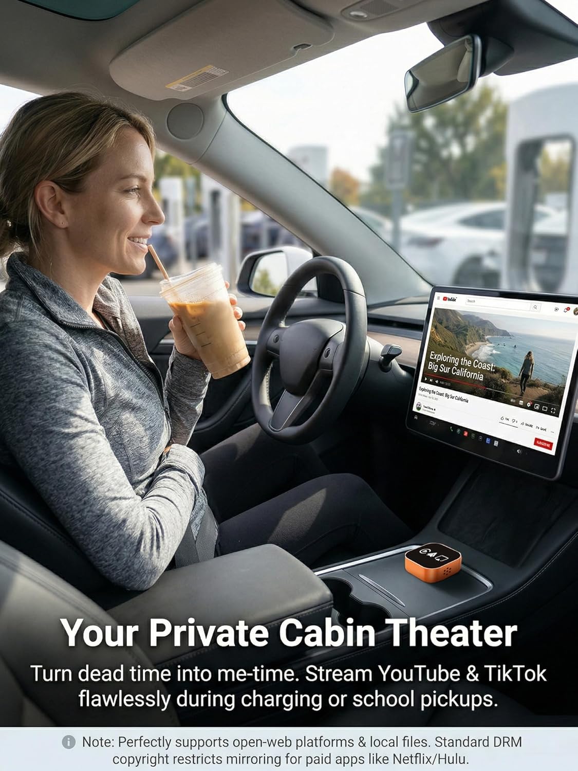 4-in-1 Wireless CarPlay & Android Auto Adapter – AirPlay & Miracast Media Hub – Seamless for Mixed Families – 5.8GHz Low-Latency & Auto-Connect – Factory Wired Cars Only (Sunset Orange)