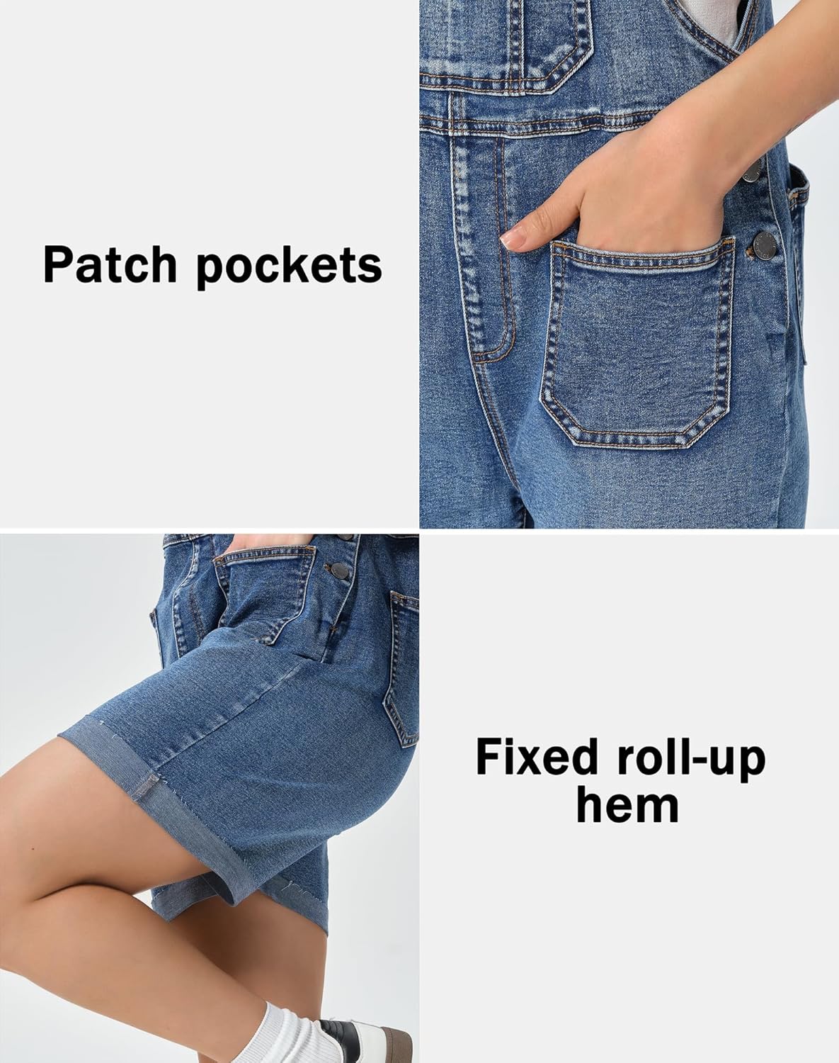 roswear Denim Overall Shorts for Women Stretchy Jumpsuits with Adjustable Strap Cuffed Hem - Image 7