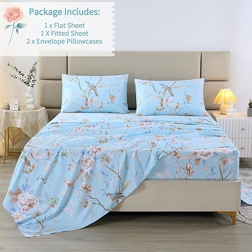 Miniatura 3 de RYNGHIPY Juego de sábanas de algodón egipcio, diseño botánico de pájaro azul, sábanas bajeras de bolsillo profundo, sábanas con estampado de ramas