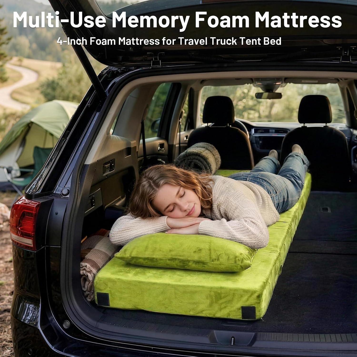 Memory Foam Camping Mattress Pad with Pillow - Extra Thick 4 Inch Sleeping Pad for Camping, Waterproof Roll Up Cot Mattress Topper Bed Mat for Car Truck Tent RV, with Storage Bag