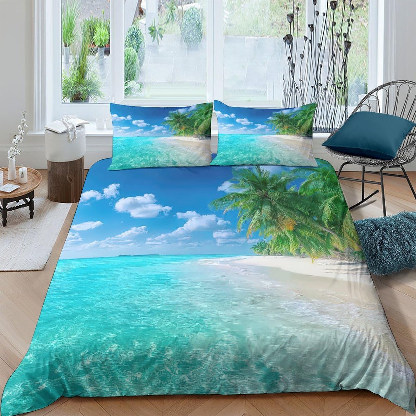 GPLZQXKJNH 3D Printed Tropical Beach Duvet Cover Set Microfiber Soft Breathable Ocean View Bedding with 2 Pillowcases for Bedroom Decor Single（135x200cm）