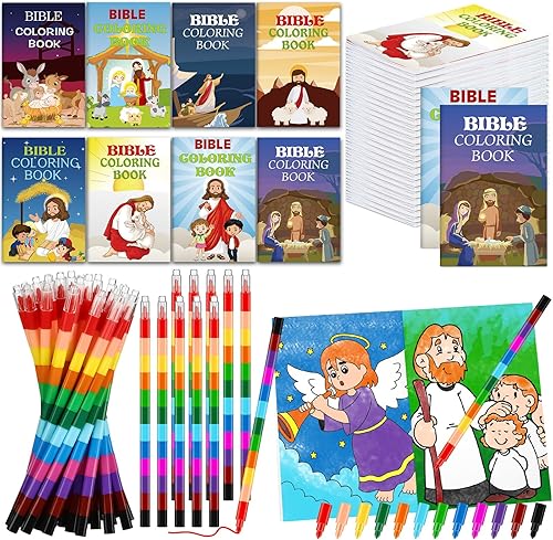 Fulmoon Juego de 144 crayones con libro para colorear con temática bíblica para niños, libro de actividades de pesebre de Navidad, regalo de fiesta,