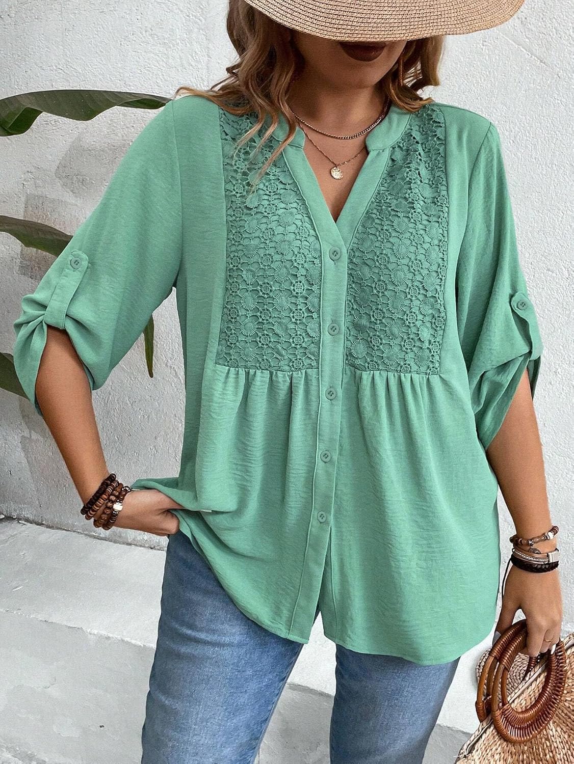 MSHING Women's Plus Solid Color Casual top 3/4 Sleeve V-Neck Hollowed Out Embroidered Button up Shirt - Image 3