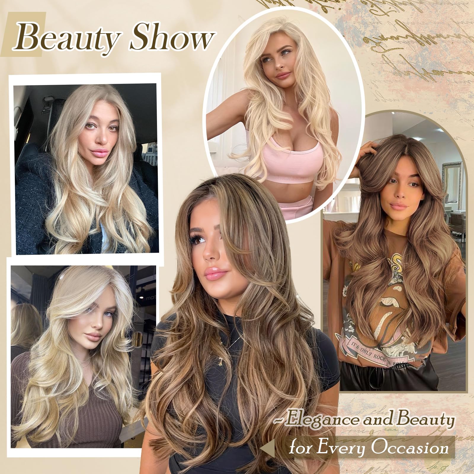 FESHFEN Perruque Longue pour Femmes Blond Platine Perruque avec Frange Dégradé Cheveux Naturelle Synthétique Résistante à la Chaleur Perruques Ondulé Utilisation Quotidienne Fêtes, 65 cm