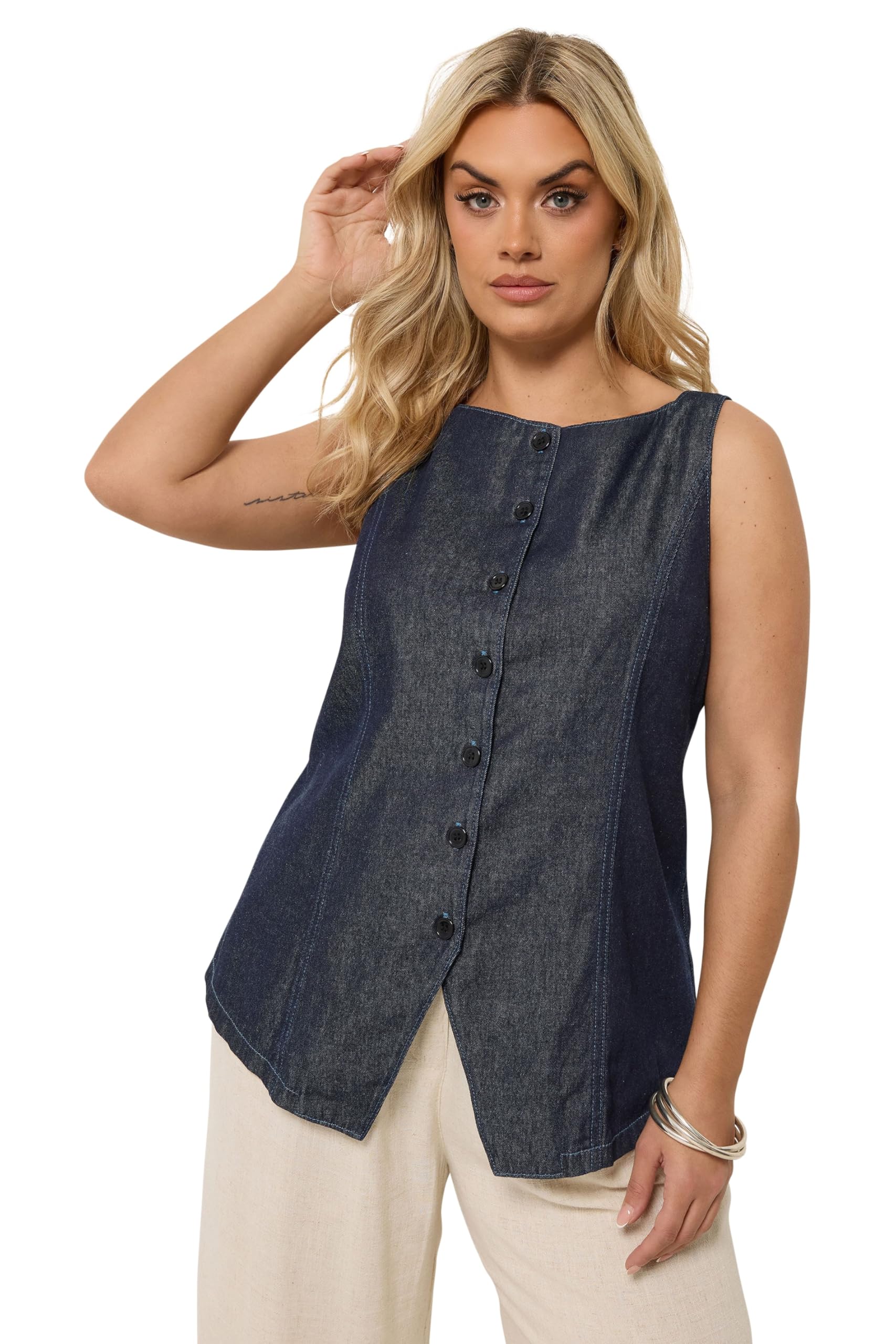 Yours Women's Dark Blue Denim Longline Waistcoat In | Size: 22/24