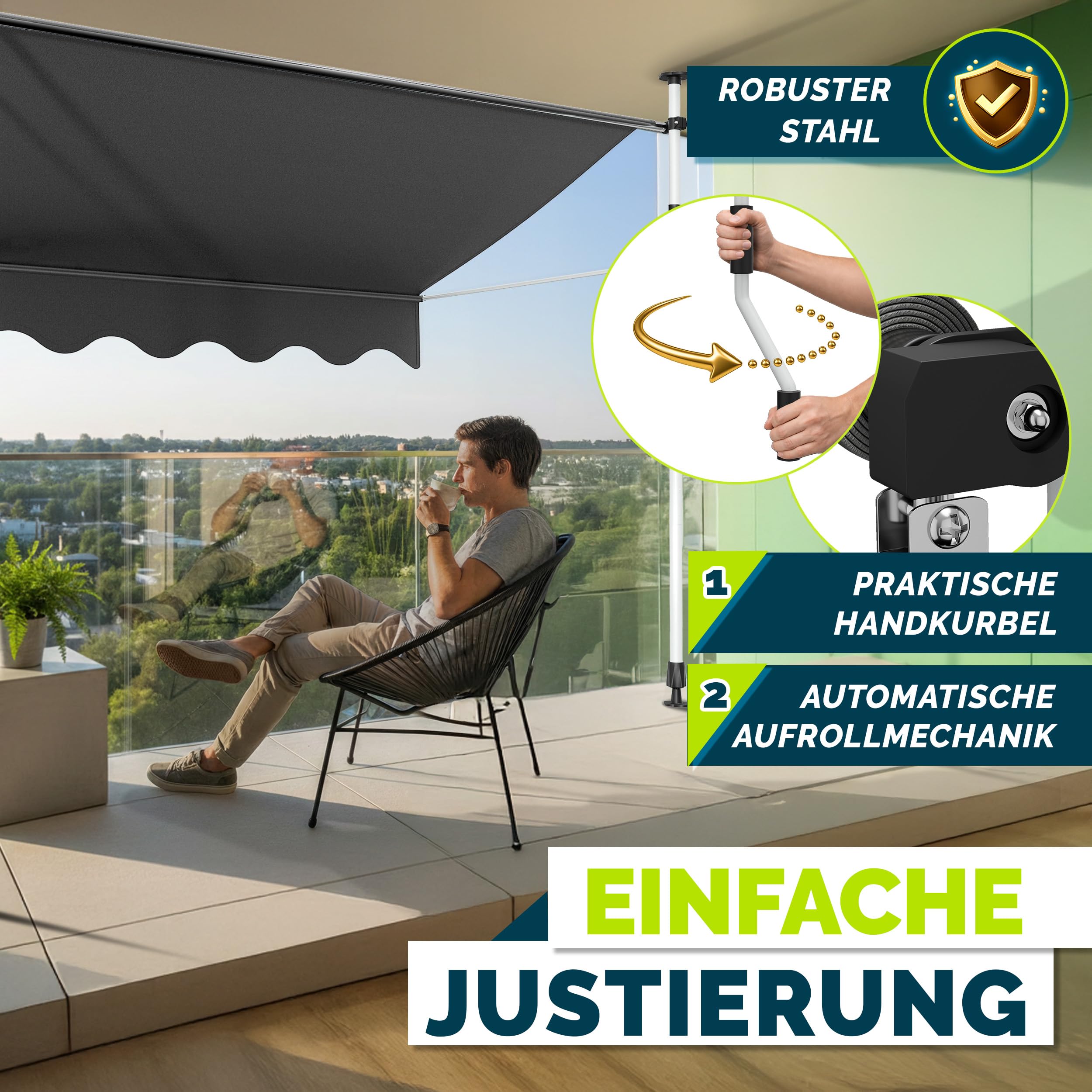 tillvex Klemluifel 300 cm grijs met handslinger balkon | balkonluifel zonder boren | luifel UV-bestendig en in hoogte verstelbaar | zonwering waterdicht