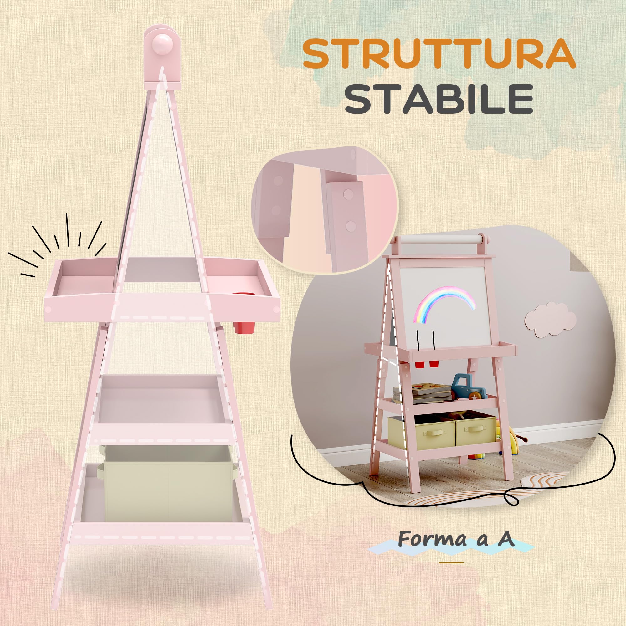 AIYAPLAY Lavagna per Bambini Cancellabile a Doppia Facciate con Rotolo di Carta e 2 Contenitori, Lavagna Magnetica Bianco, Nero con Cavalletto Artistico in Legno per Pittura e Regalo, 3-6 Anni, Rosa