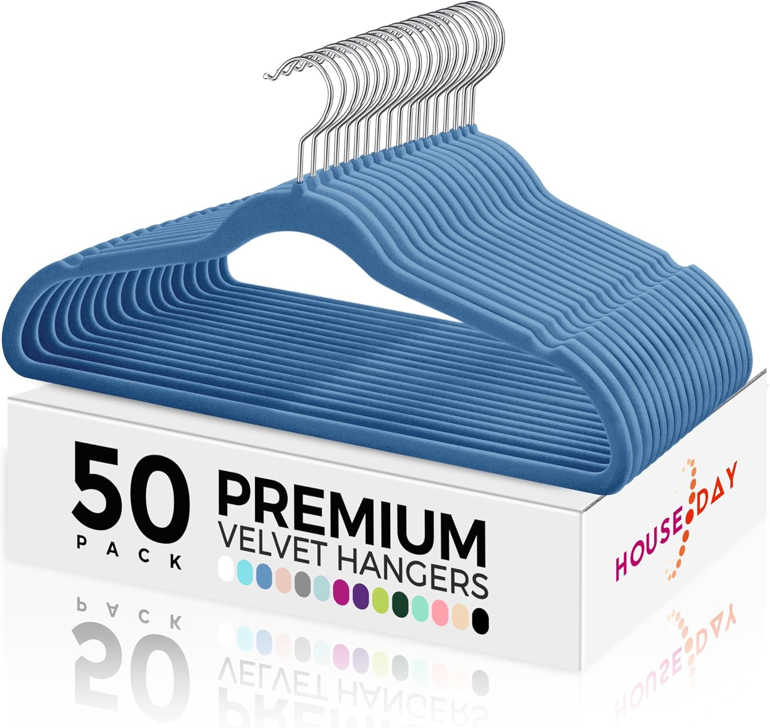 HOUSE DAY Premium Velvet Hangers 50 Pack Blue, Non-Slip Flocked Felt Hangers, Sturdy Clothes Hanger with 360° Rotatable Hook, Heavy Duty Durable Slim Coat Hanger for Closet Space Saving 50 Pack Tranquil Blue/ Silver