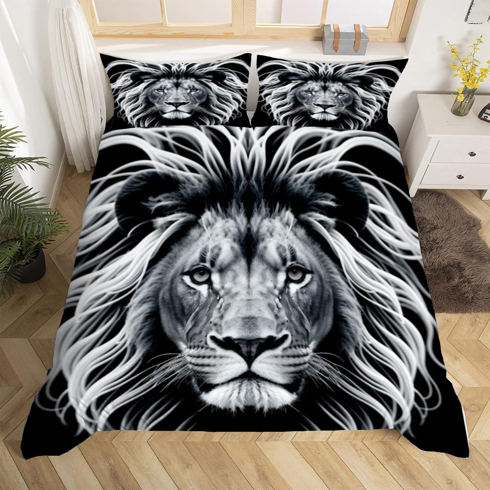 Parure de lit microfibre 1 personne housse de couette 140x200 lion noir adulte