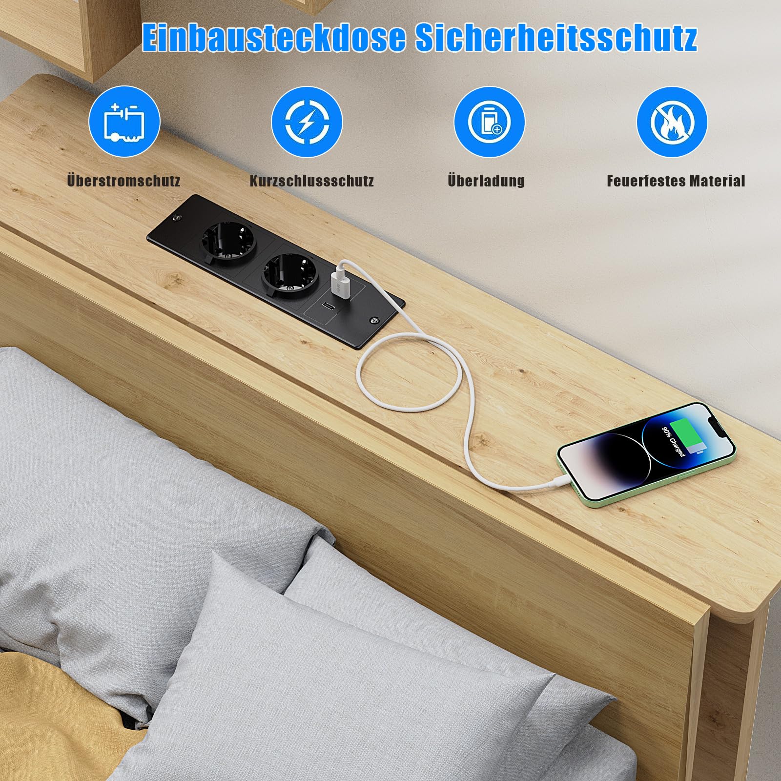 Prise de Table avec USB C PD 20W, Prise encastrée 2 Prises avec USB A, multiprise encastrée pour Plateau de Table Meubles ou Plans de Travail, 2m de câble, 250W/16A, Noir