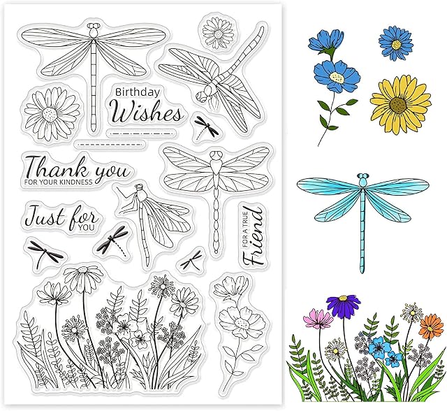 GLOBLELAND Dragonfly Pattern Flowers Clear Stamps Silicone Stamp Seal Transparent Seals for Card Making Decoration and DIY Scrapbooking