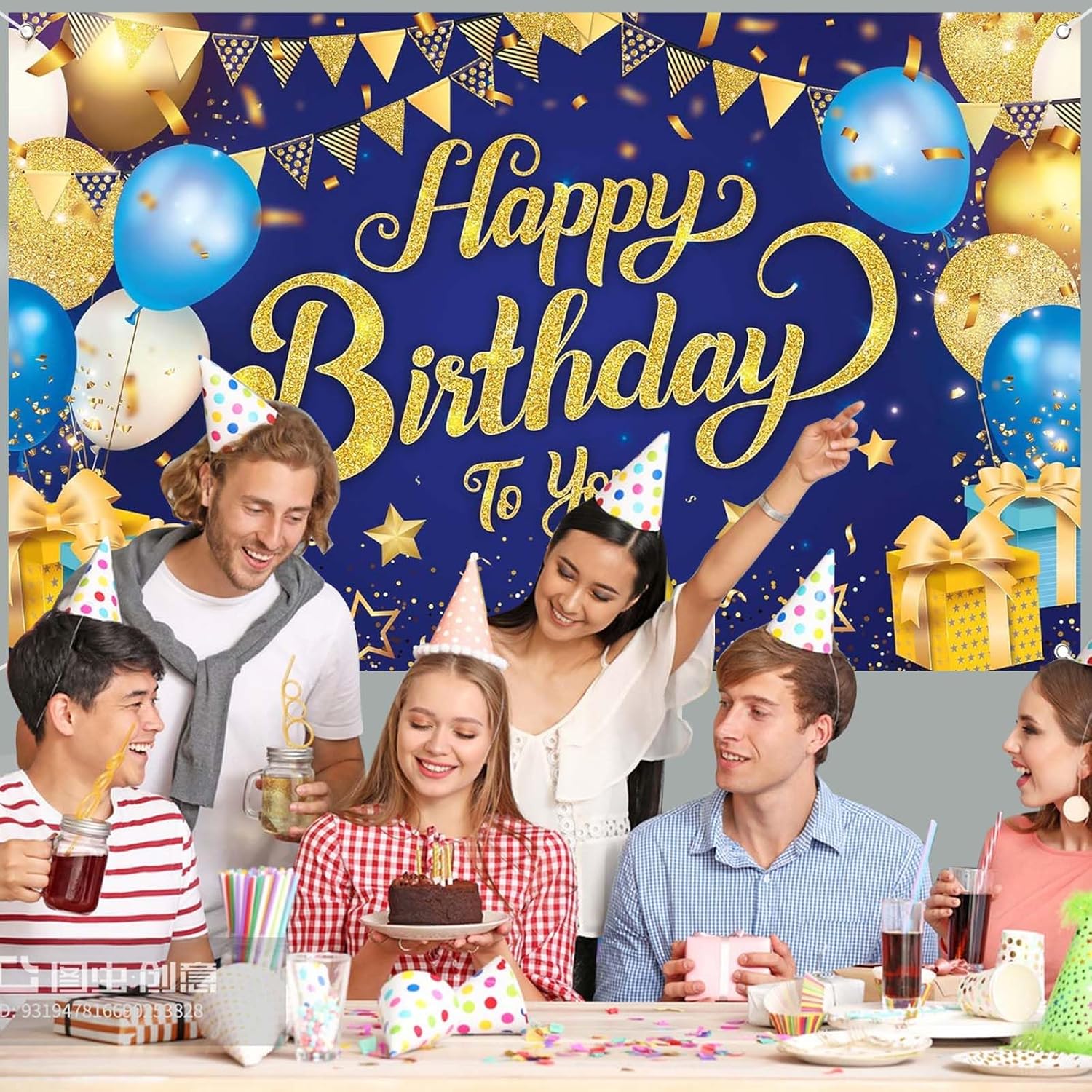 Happy Birthday Banner, Blue Gold Happy Birthday Backdrop, Party Decoration Poster Background, Birthday Banner Supplies for Birthday Party, 110 x 185 cm