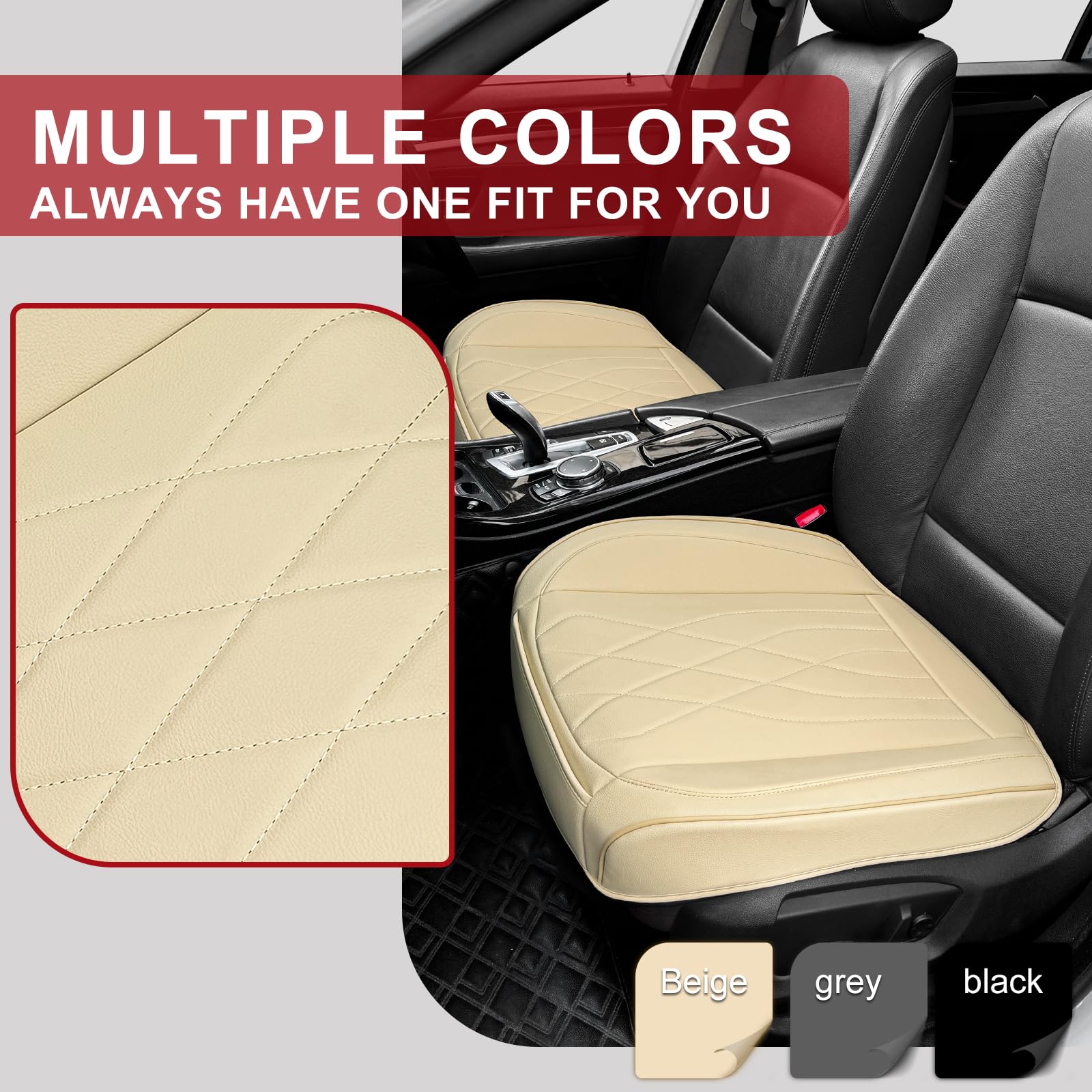 Sanwom 2 Pack Leather Front Car Seat Cover, Anti-Slip and Full Wrap Driver Car Seat Protectors with Storage Pocket, Luxury Waterproof Bottom Auto Seat Cushion Pad Mat for Most Vehicles (Beige)
