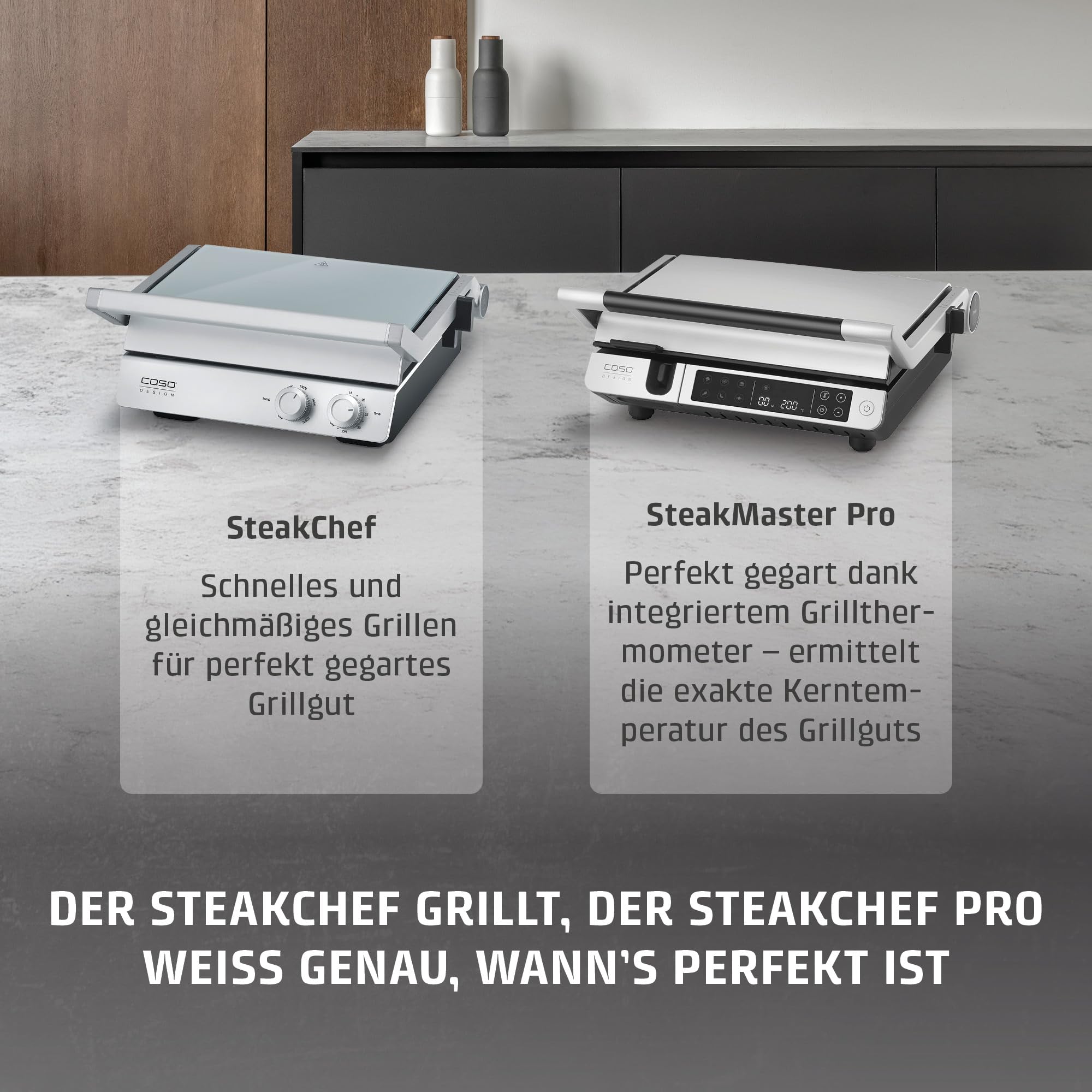 CASO SteakChef - Doppel-Kontaktgrill, Antihaftbeschichtung, 100-220°C | Testurteil sehr gut (ETM 04/2026), aufgeklappt als Tischgrill nutzbar, Steak, Sandwich, elektrischer Grill 2000 Watt