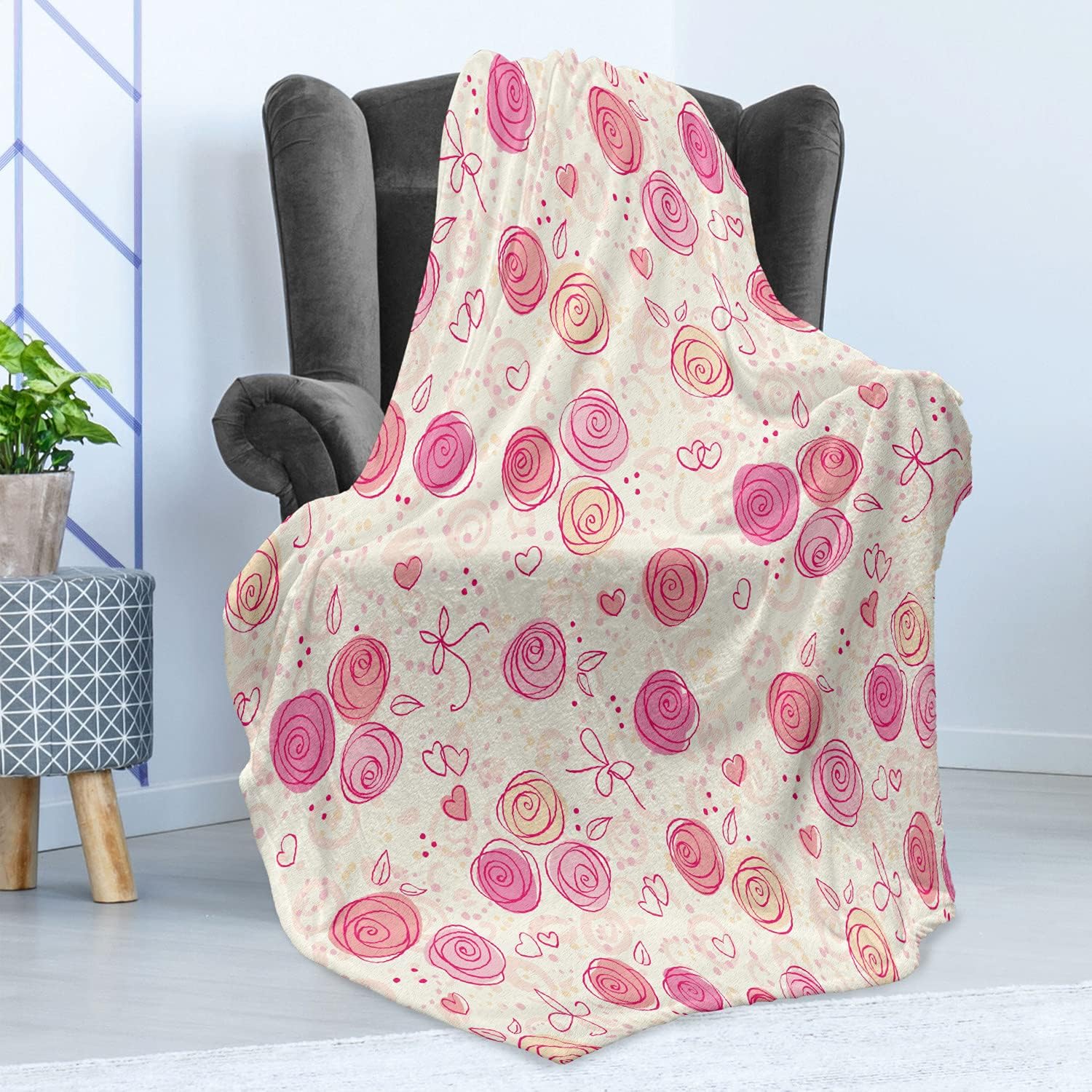 Lunarable Blush Throw Blanket, Watercolor Doodle Style Rosebuds Hearts and Dots in Romantic Valentines Day Pattern, Flannel Fleece Accent Piece Soft Couch Cover for Adults, 50" x 60", Multicolor