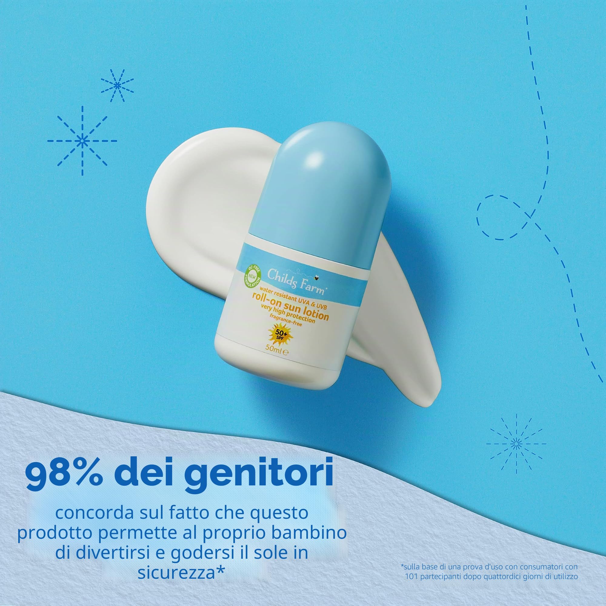 Childs Farm Lozione solare per bambini e neonati roll-on SPF 50plus Resistente all'acqua UVA e UVB Protezione molto elevata Adatto per pelli secche, sensibili e soggette a eczema 50 ml, Bianco, 1, 85,