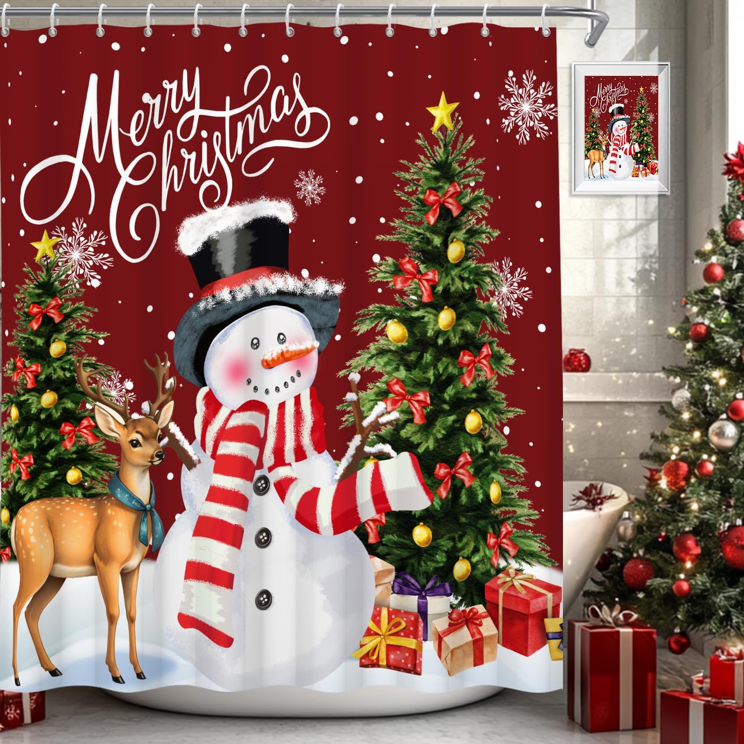 Merry Christmas Shower Curtain Cute Snowman Elk Xmas Trees Gift Box Shower Curtains Snowflake New Year Shower Curtain Sets for Bathroom Extra Long 72x84 in with 12 Hooks