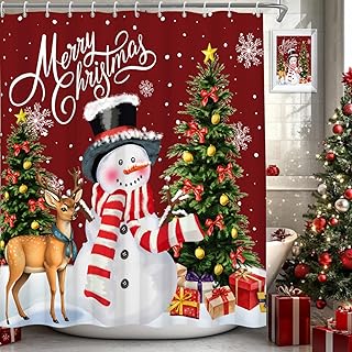 Canessioa Merry Christmas Shower Curtain Snowman Christmas Tree Shower Curtain Sets for Bathroom Red Winter Holiday Xmas Snowflake Shower Curtains for Kids Bathroom Decor 72x72 in with 12 Hooks