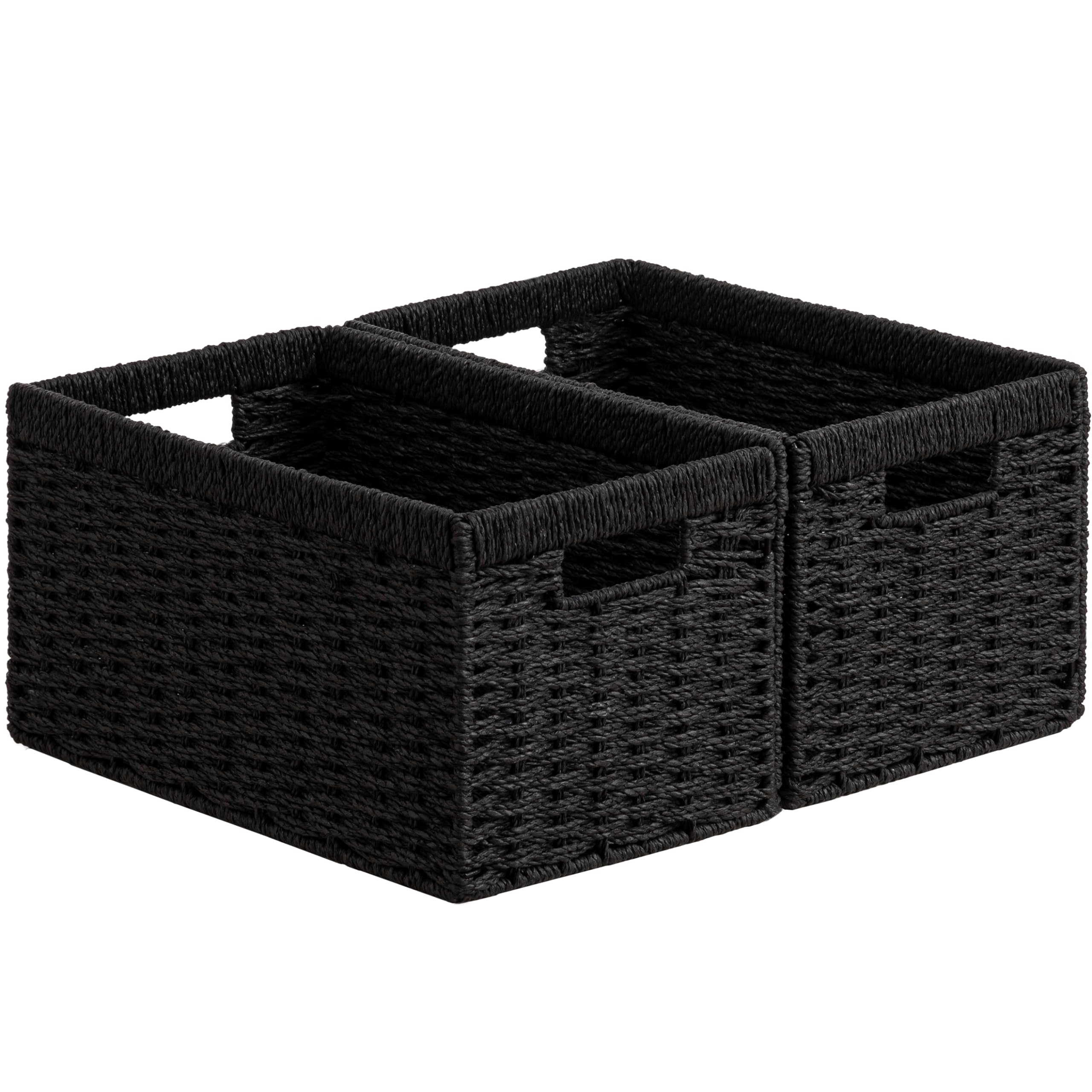joybestWicker Storage Baskets, Set of 2 Hand-Woven Paper Rope Wicker Baskets for Organizing, Foldable Rectangular Storage Organizer Bins for Shelves with Built-in Handles 13.4L x 8.3W x 7.1H Black