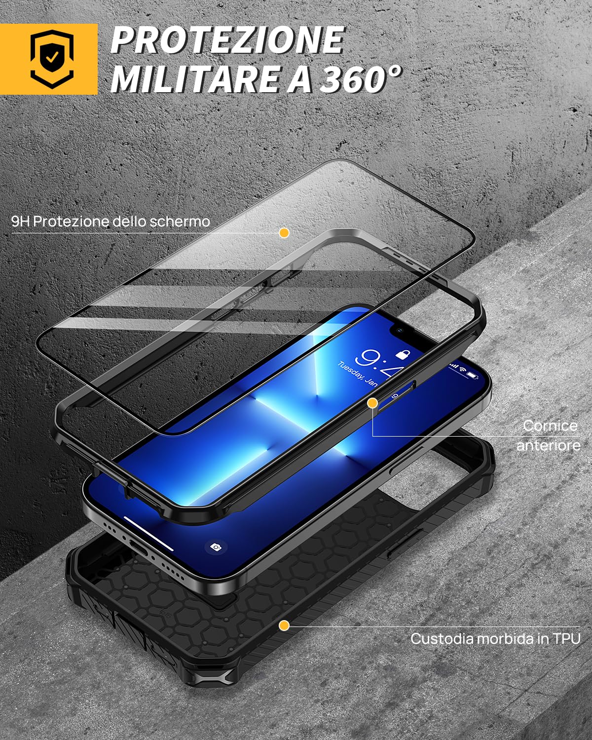 Lanhiem Cover iPhone 13 PRO con 2 Pezzi Vetro Temperato, Supporto Magnetico Anello a 360° Protezione 6FT Antiurto Anticaduta Militare Armor Protezione, Custodia iPhone 13 PRO, Nero