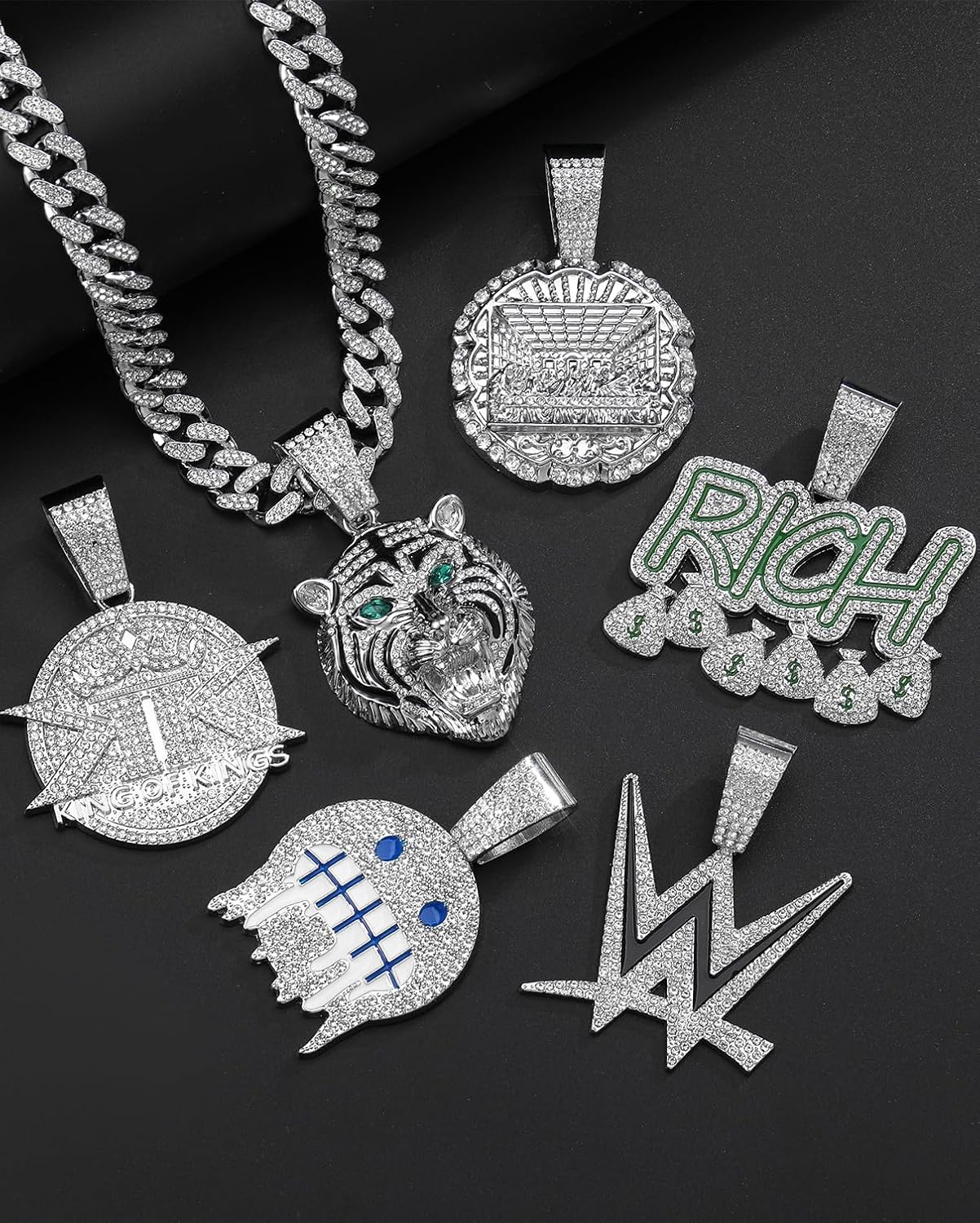 ​Lced Out Diamond Cuban Chain for Men | Hip Hop Miami Link Necklace Silver & Gold Plated Options with Pendant, 7-Pack Gift Set
