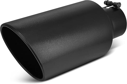 AUTOSAVER88 4 Inch Inlet Exhaust Tip, 4" Inlet 7" Outlet 15" Overall Length Stainless Steel Diesel Exhaust Tail Tip for 4" Outside Diameter Tailpipe, Black Powder Coated, Rolled Angle Cut, Bolt On