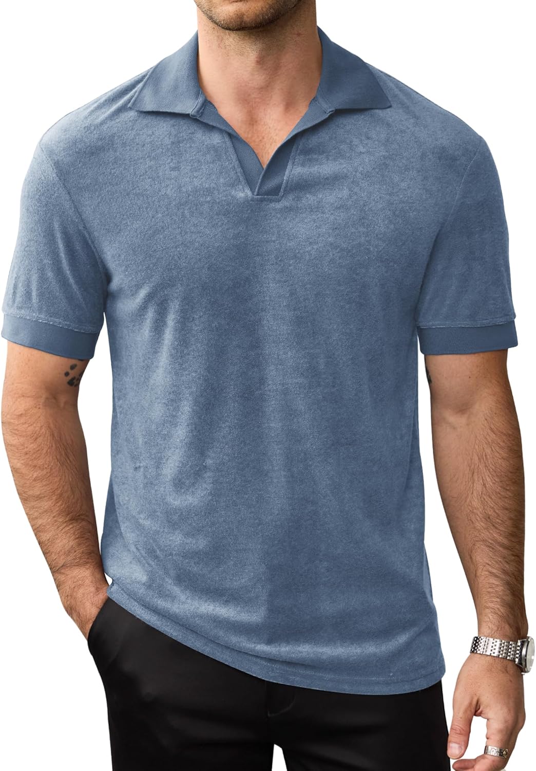 Mens Terry Polo Shirts Johnny Collar Casual Summer Short Sleeve Buttonless Shirt (S-XXL)