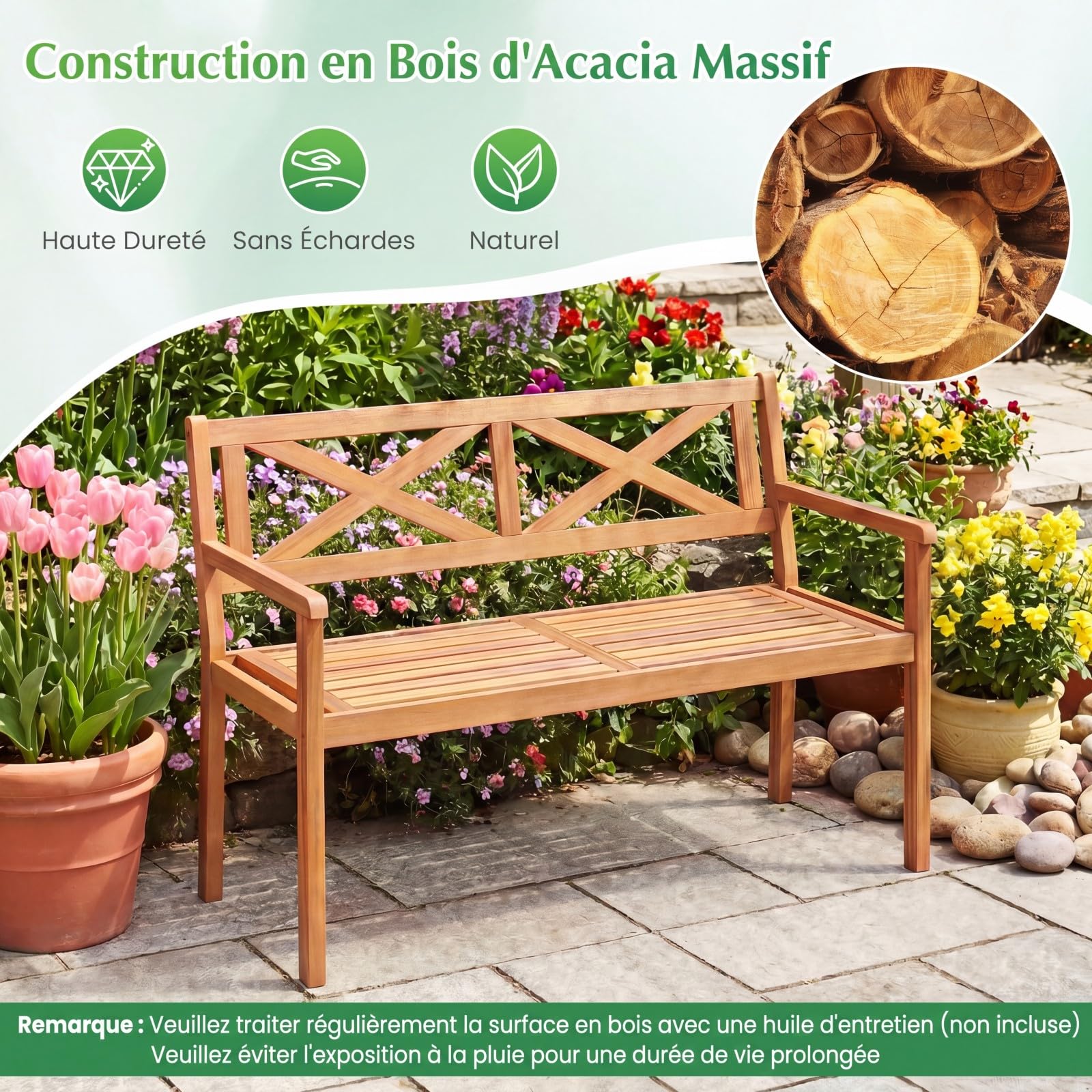 COSTWAY Banc de Jardin en Bois d'Acacia, Banc Exterieur Jardin 2 Places, Dossier Incliné à Motif Géométrique, Charge 360 KG, Accoudoirs, Banquette pour Terrasse Parc Patio Balcon, 119 x 56 x 80 cm