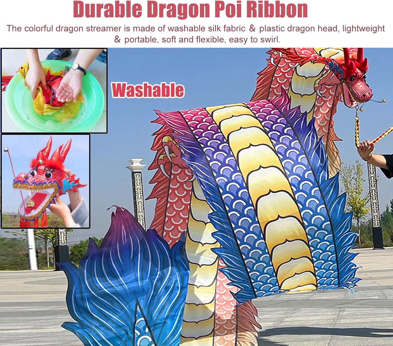 Colorful Dragon with Head for Fitness Juggling Flinging - 3D Silk Dragon Ribbon Dancer Washable, Portable Art Streamer for Adults Seniors