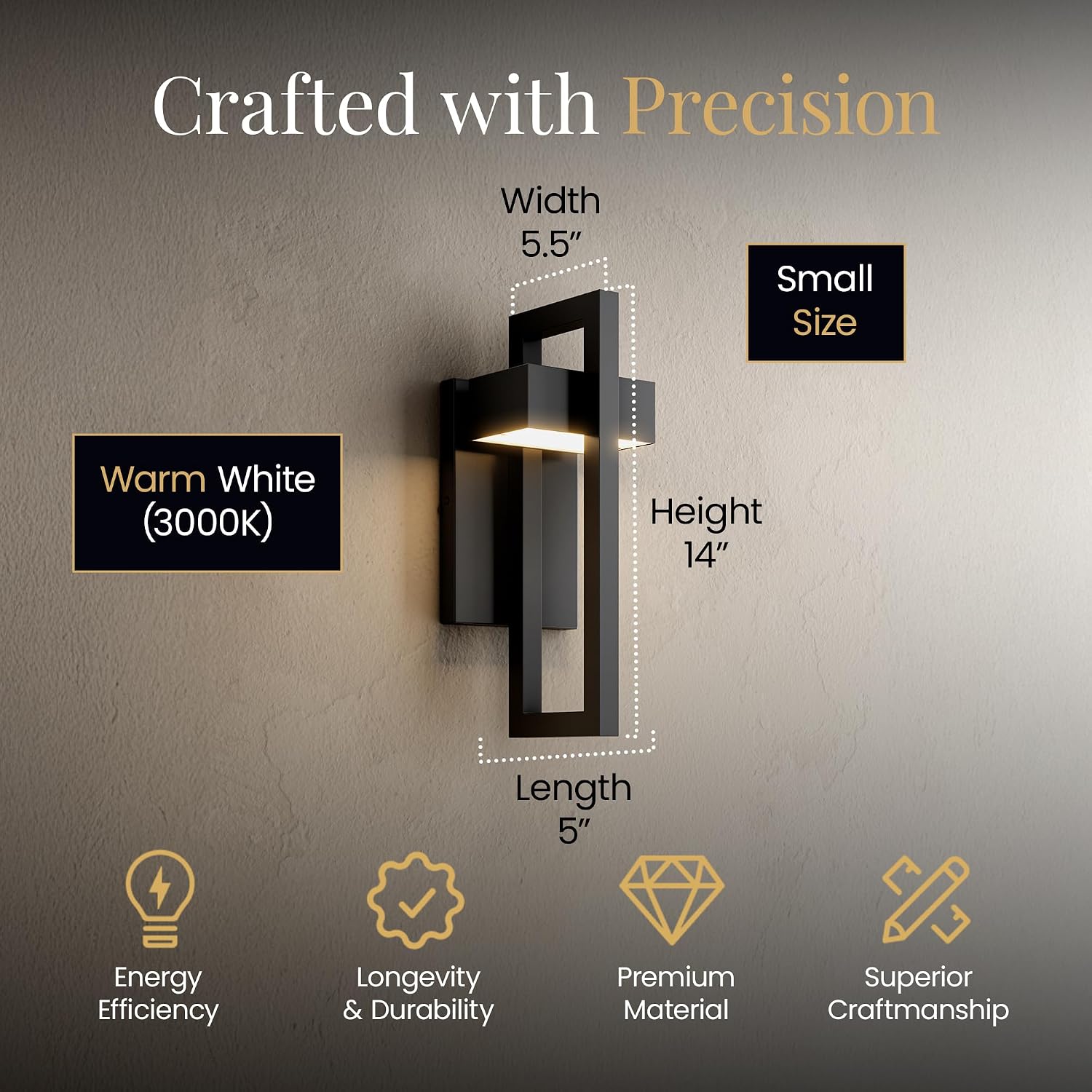 MOD LIGHTING Terri Wired LED Outdoor Sconce Lights (1-Pack), 14" Water Resistant Outdoor Wall Lights, 3000K Warm White Exterior Sconces for Patio, Garage, Black