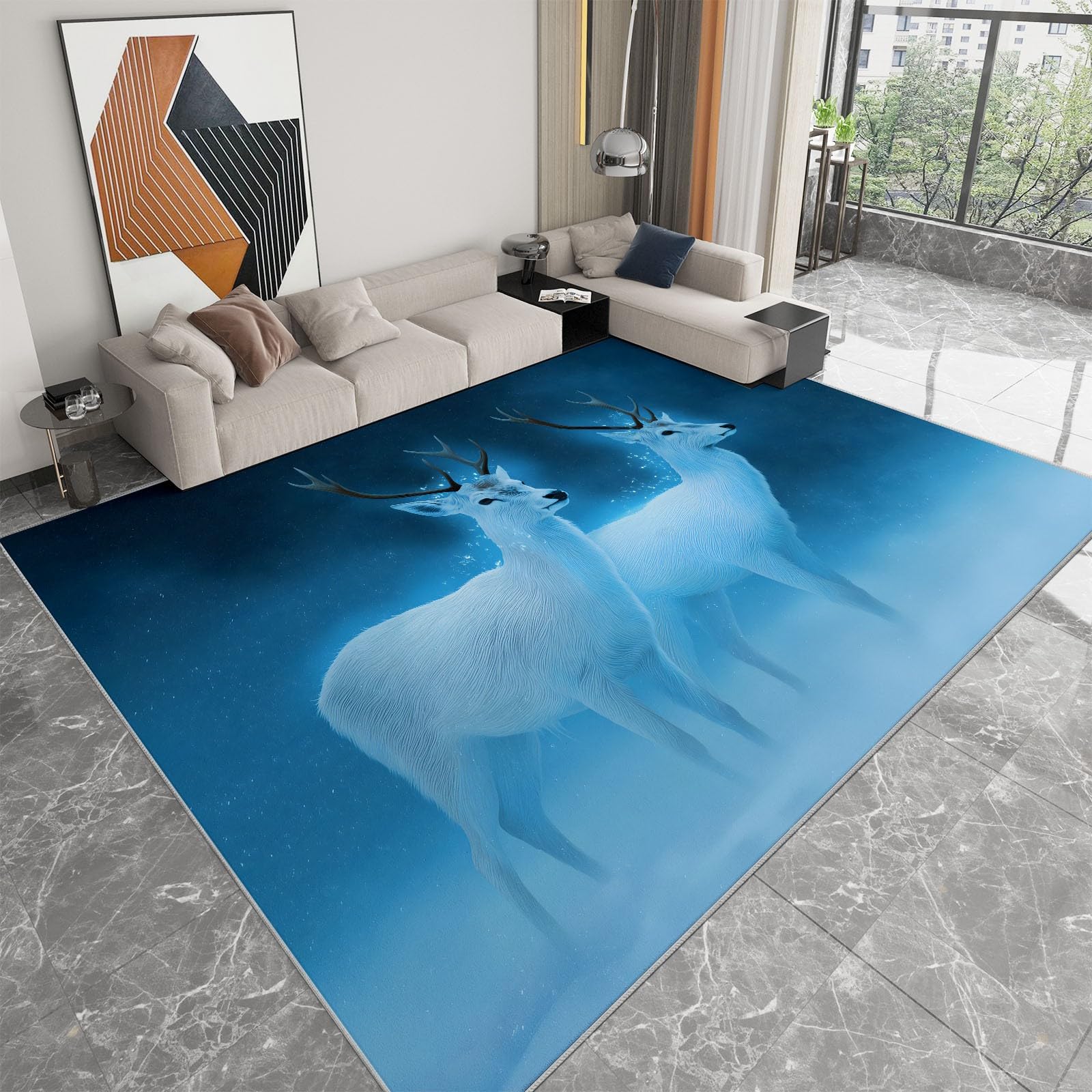 Tapis chambre enfant grand format cerf bleu déco moderne