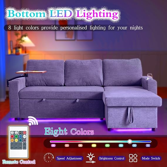 Sectional Couch with Storage, Convertible Modular Chenille Pull Out L Shaped Corner 3-Seater Sleeper Sofa Couch Bed with LED Lighting, USB Charging, Tray Table for Living Room Apartment Office, Grey