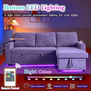 Sectional Couch with Storage, Convertible Modular Chenille Pull Out L Shaped Corner 3-Seater Sleeper Sofa Couch Bed with LED Lighting, USB Charging, Tray Table for Living Room Apartment Office, Grey