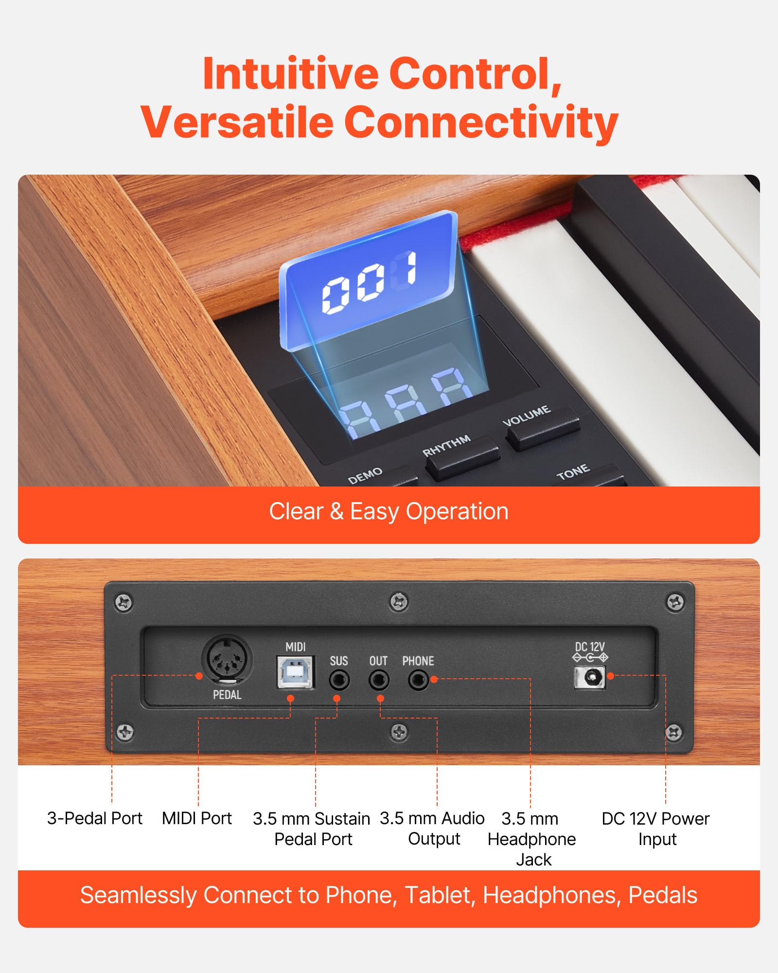 VEVOR Piano Digital de 88 Teclas, con Teclado Dual y Altavoces, con Atril, Pedal Sustain, 280 Tonos, Conexión Inalámbrica, Control Preciso, para Principiantes, Color Madera, 1330 x 300 x 900 mm