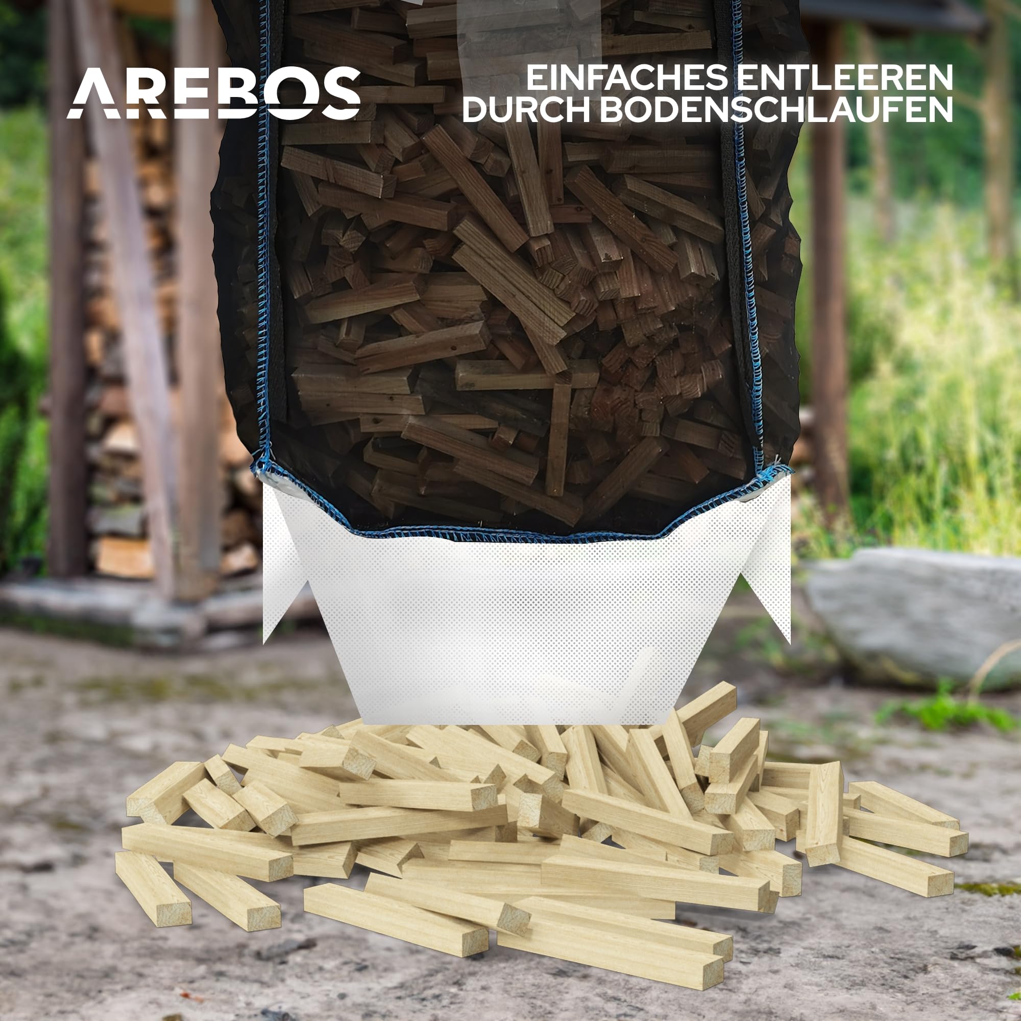 Arebos Premium Holzsack 5er Pack | Big Bag 100x100x120 cm | mit 4 Schlaufen und Einfüllschürze | Tragfähigkeit 1000 kg, SF 5:1, EN ISO 21898 | Säcke für Bauschutt, Holz, Gartenabfall | UV-Beständig