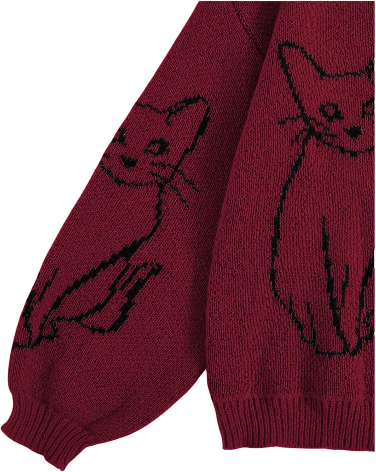 WDIRARA Women's Cartoon Cat Bishop Long Sleeve Round Neck Sweater Drop Shoulder Pullover Tops - Image 3