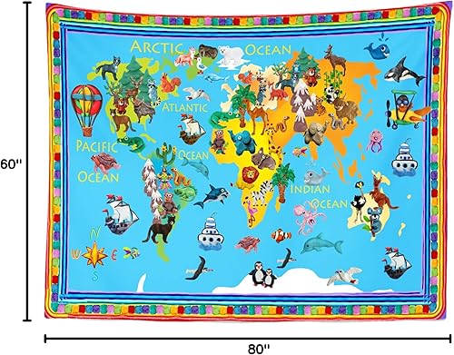 Miniatura 37 de BELECO Tapiz de mapa del mundo infantil para colgar en la pared, diseño de animales de dibujos animados, para dormitorio, sala de estar, dormitorio