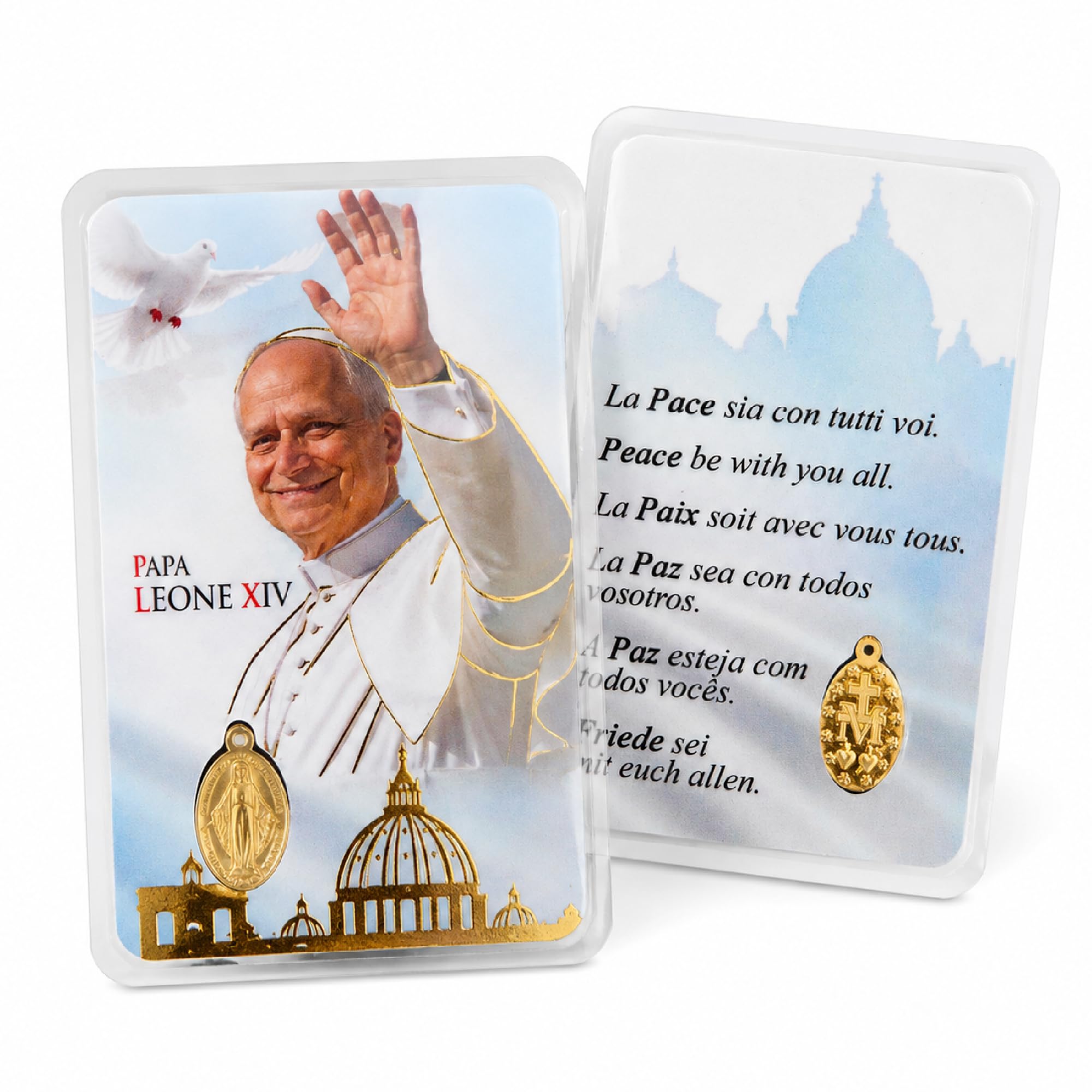 Lunexus Prayer Card Pope Leo XIV with Miraculous Medal, 9 x 5 cm