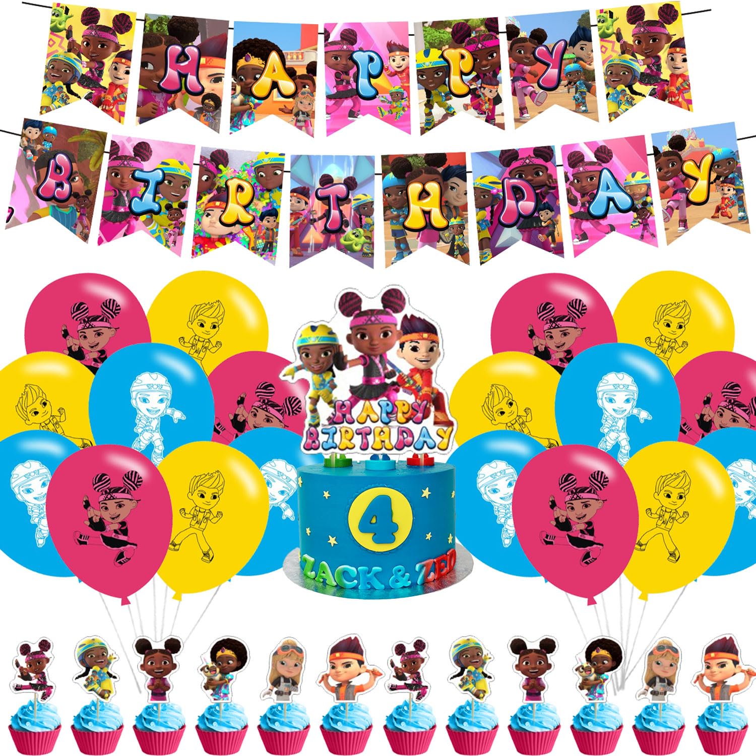 Kiya Heroes Cartoon Kimoja TV Theme Decorations with Happy Birthday Banner, Cake Topper, Cupcake Toppers, Balloons for Boys Girls Party Favors