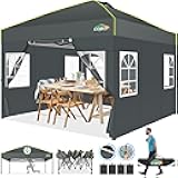 10x10 Pop up Canopy Tent with Sidewalls One Person Setup, Easy Outdoor Commercial Event Gazebo Shelter Enclosed Waterproof with Air Vent, 4 Sandbags for Garden,Party,Grey