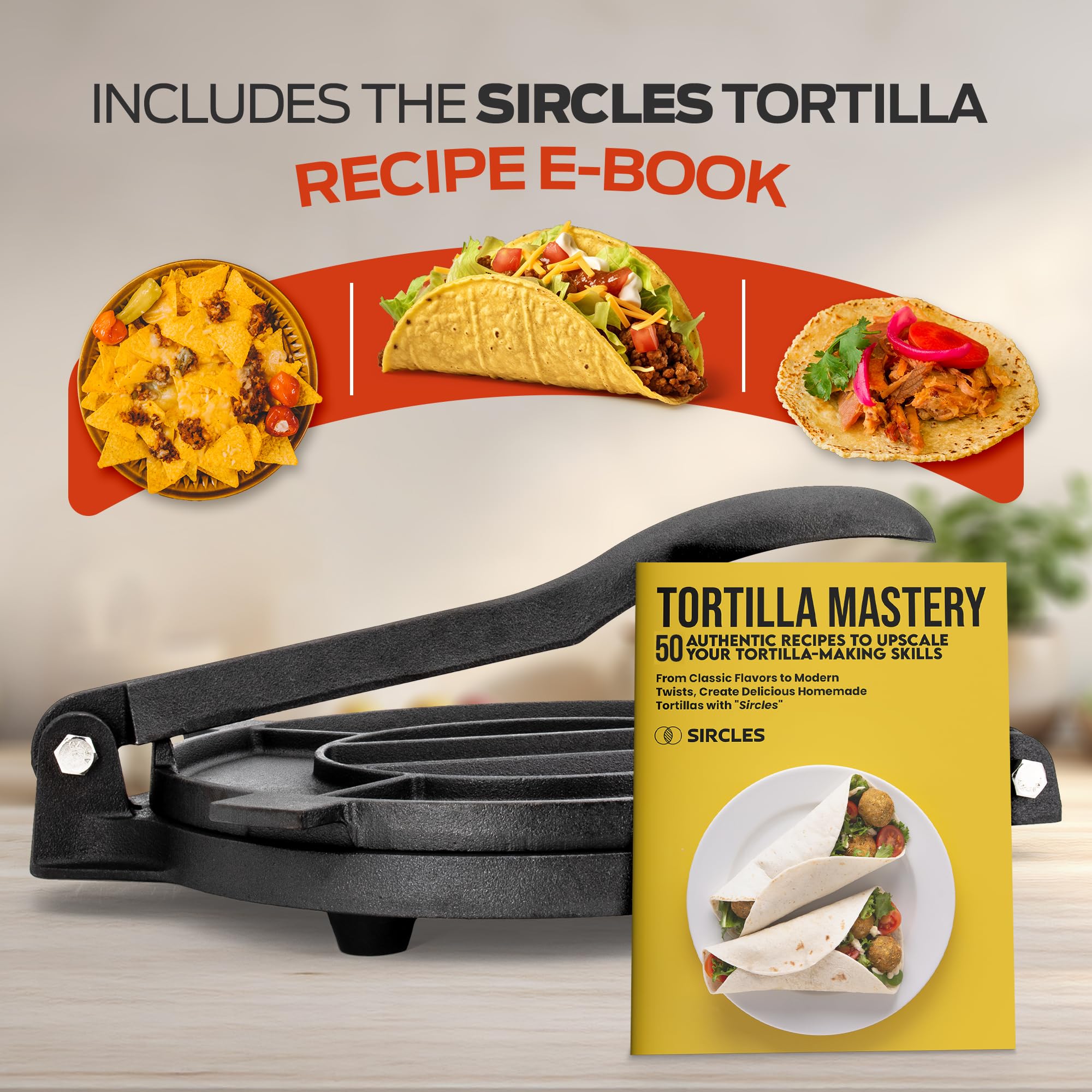 SIRCLES Gusseisen Tortilla-Presse 30,5 cm für hausgemachte Mais- und Mehl-Tortillas