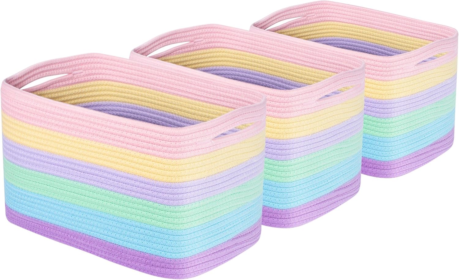 MINTWOOD Design 3-Pack Storage Baskets and Cube Bins for Shelves, Playroom and Classroom, Decorative Woven Closet Organizers for Books, Shoes, and Pantry Items, Pastel Rainbow