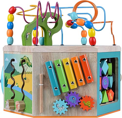 Miniatura 7 de Teamson Kids Laboratorio de juego preescolar 7 en 1 - Cubo de actividades de madera grande, laberinto de cuentas y conteo para niños, juguetes para