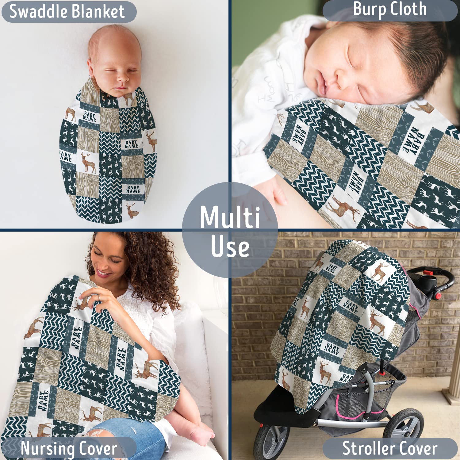 locobird Personalized Baby Blankets for Boys, Baby Woodland Blanket, Deer Baby Blanket Name, Custom Baby Blankets Name Swaddle Blanket, 3 Sizes Plush Blankets for Baby Boy Son Newborn Infant Daughter