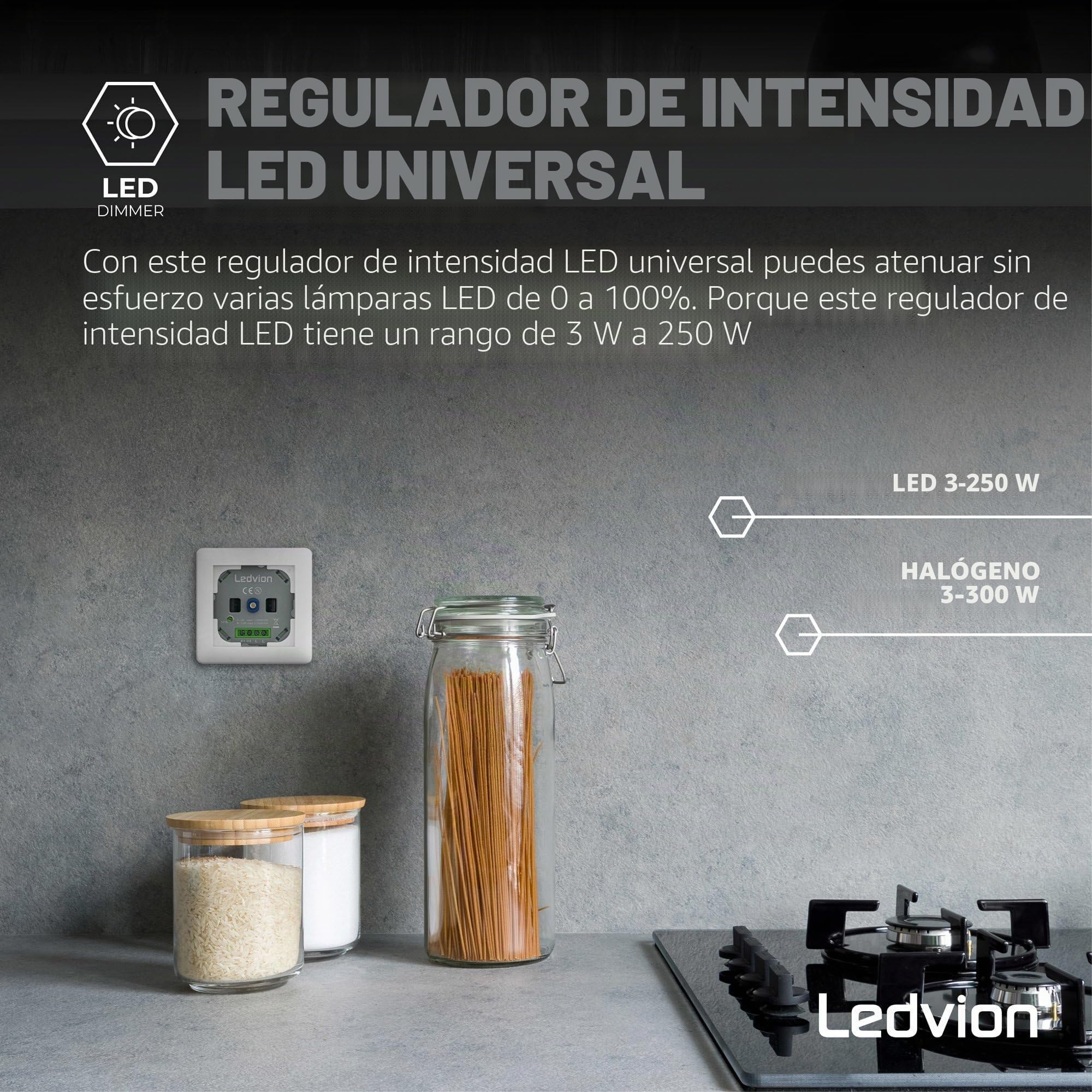 Ledvion - Regulador LED 3-250 Watt, Incluye Placa Frontal Blanca, Universal, Interruptor Regulador LED